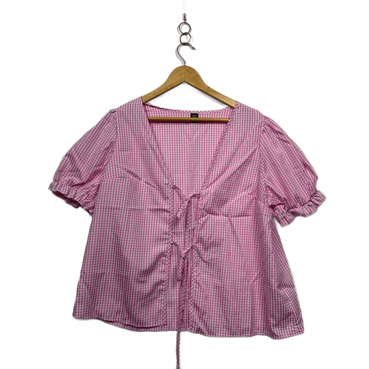 Shein Pink Gingham Check Tie Front Top - Size XL