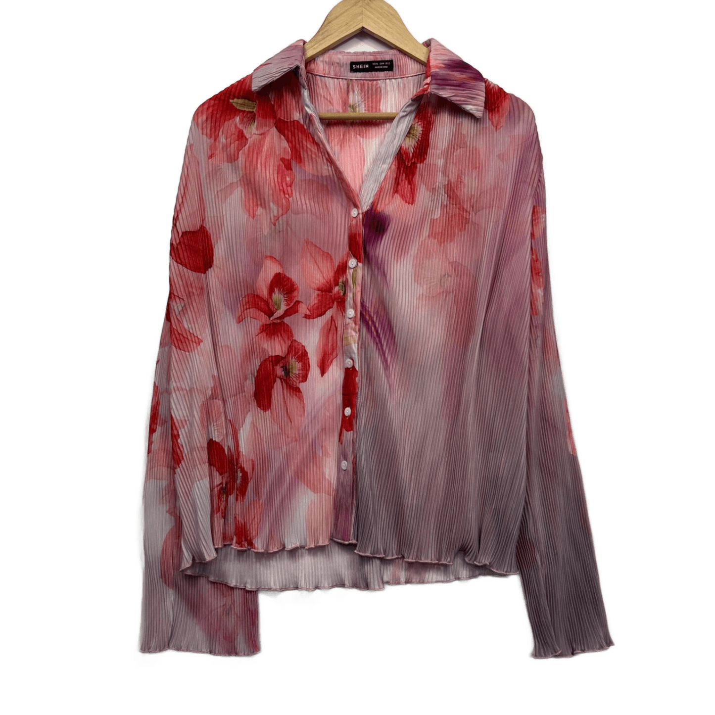 Shein Top Blouse Size 14 16 XL Pink Long Sleeve Floral Pleated Button Up