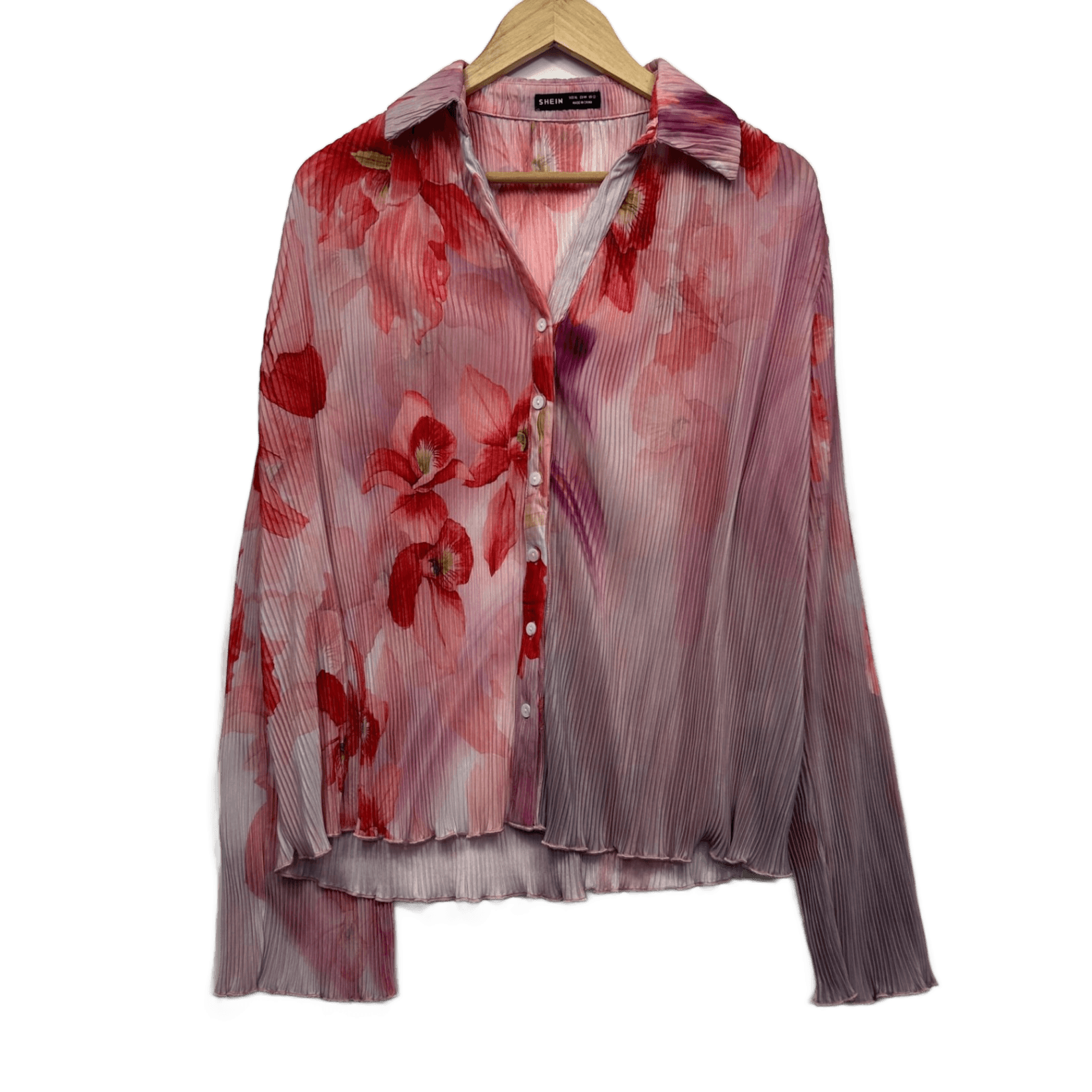 Shein Top Blouse Size 14 16 XL Pink Long Sleeve Floral Pleated Button Up