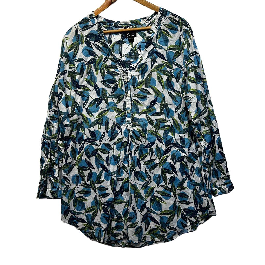 Simply Emma Blue Leaf Print Plus Size Cotton Top - Size 1X/18