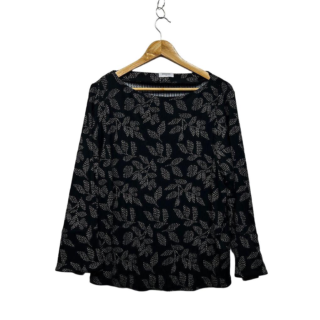 Sussan Black Leaf Print Long Sleeve Top - Size XL