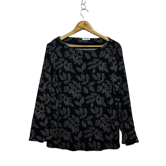 Sussan Black Leaf Print Long Sleeve Top - Size XL