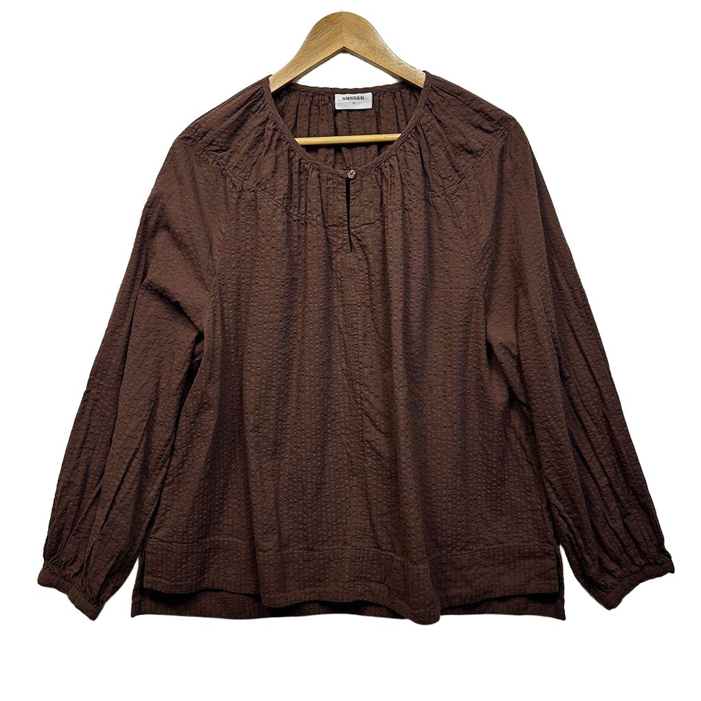 Sussan Chocolate Long Sleeve Cotton Top - Size 16