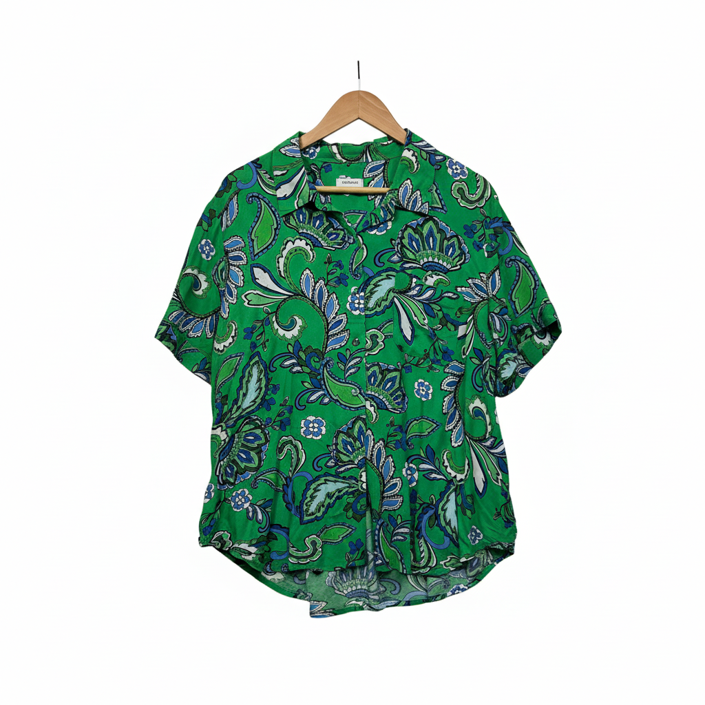 Sussan Green Blue White Paisley Floral Print Button Up Top - Size XL