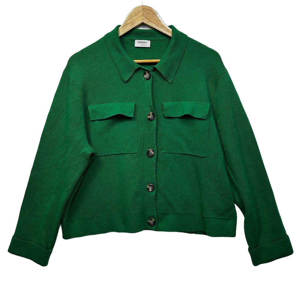 Sussan Green Cotton Collared Cardigan - Size L