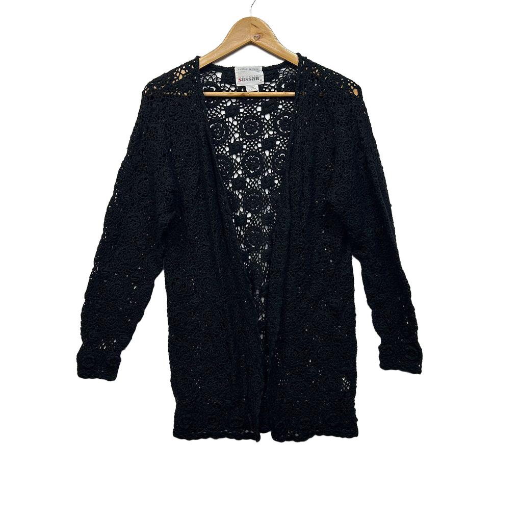 Vintage Sussan Black Hand Knitted Cotton Cardigan - Size 12/14