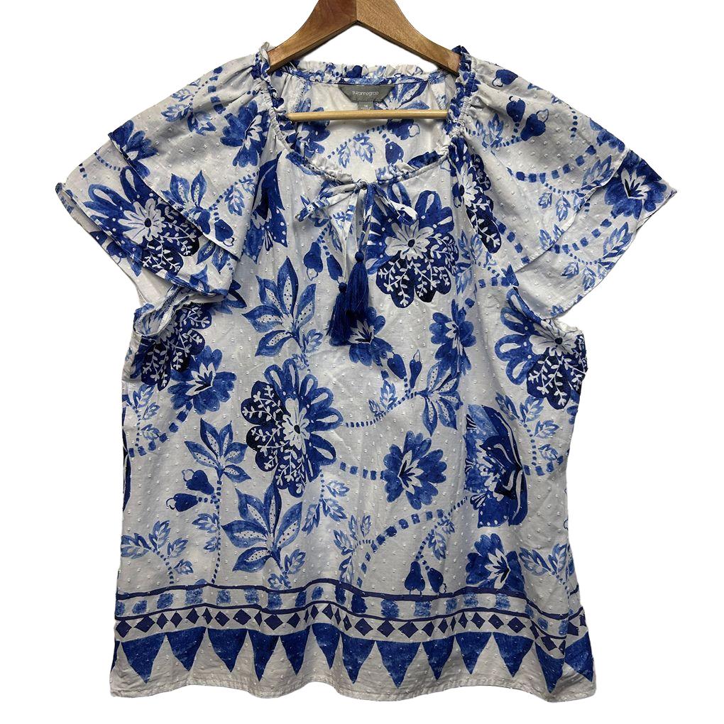 Suzanne Grae Blue Floral Cotton Top - Size 18