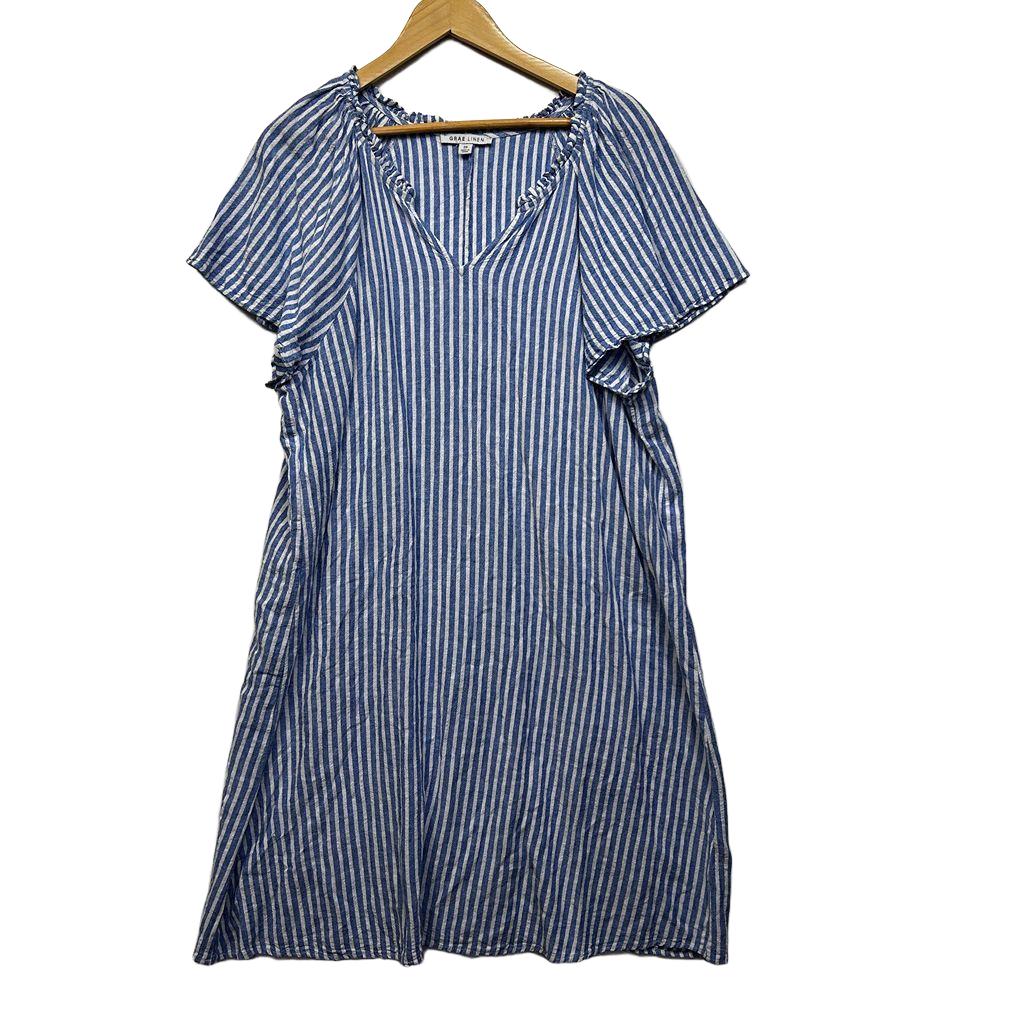 Suzanne Grae Linen Blue Striped Linen Dress - Size 20
