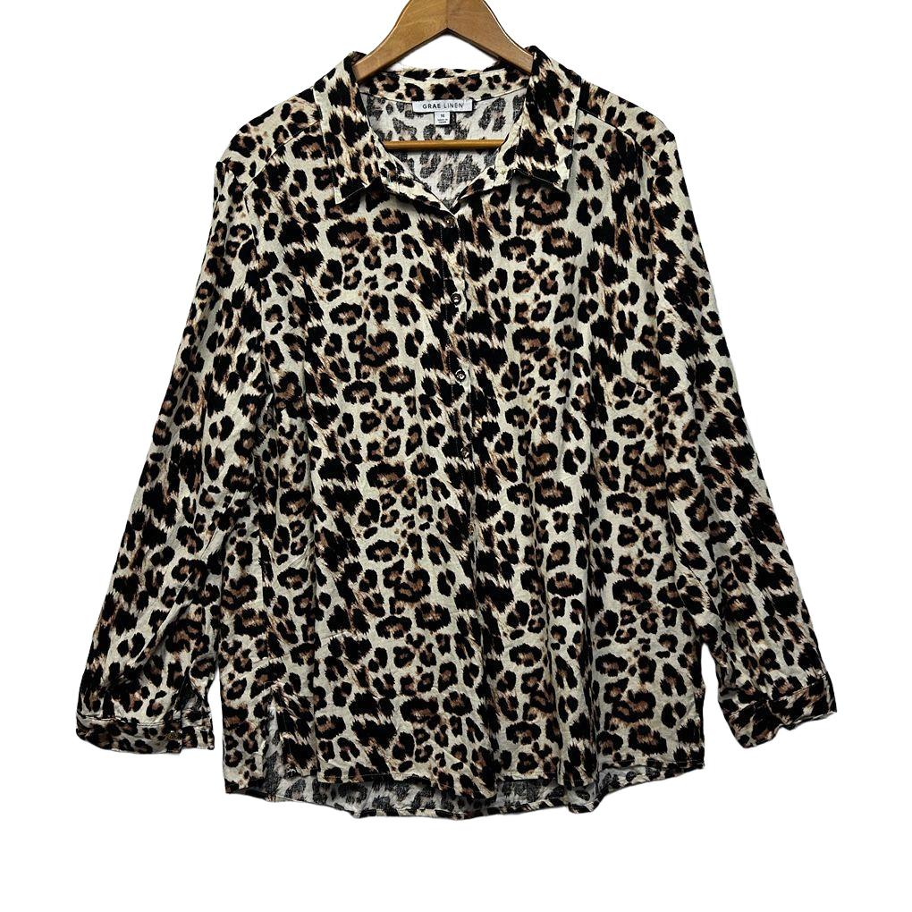 Suzanne Grae Linen Leopard Print Linen Shirt - Size 16