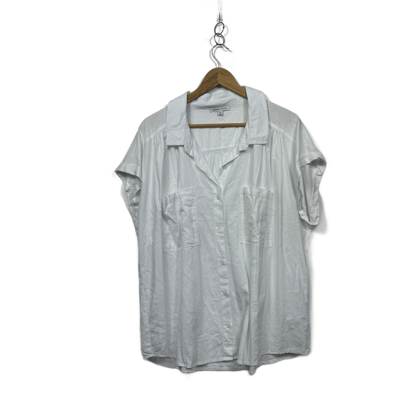 Suzanne Grae Linen White Blend Short Sleeve Collared Button-up Top Size 18