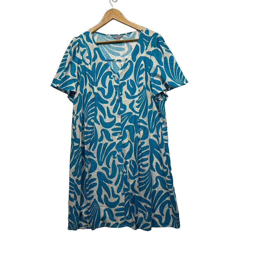 Suzanne Grae Teal Print Linen Dress - Size 18
