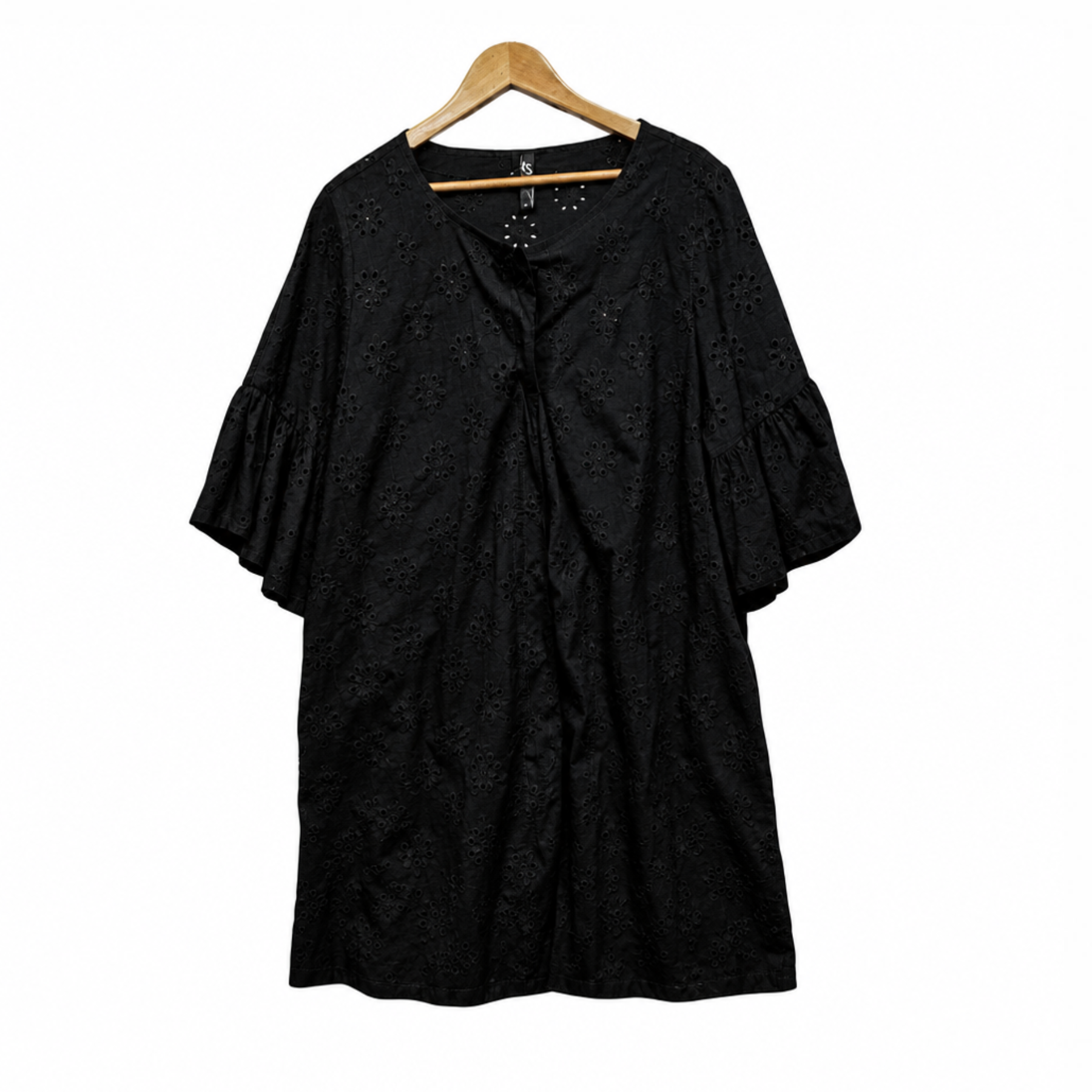 Taking Shape Black Cotton Button Up Broderie Longline Tunic Top - Size 18