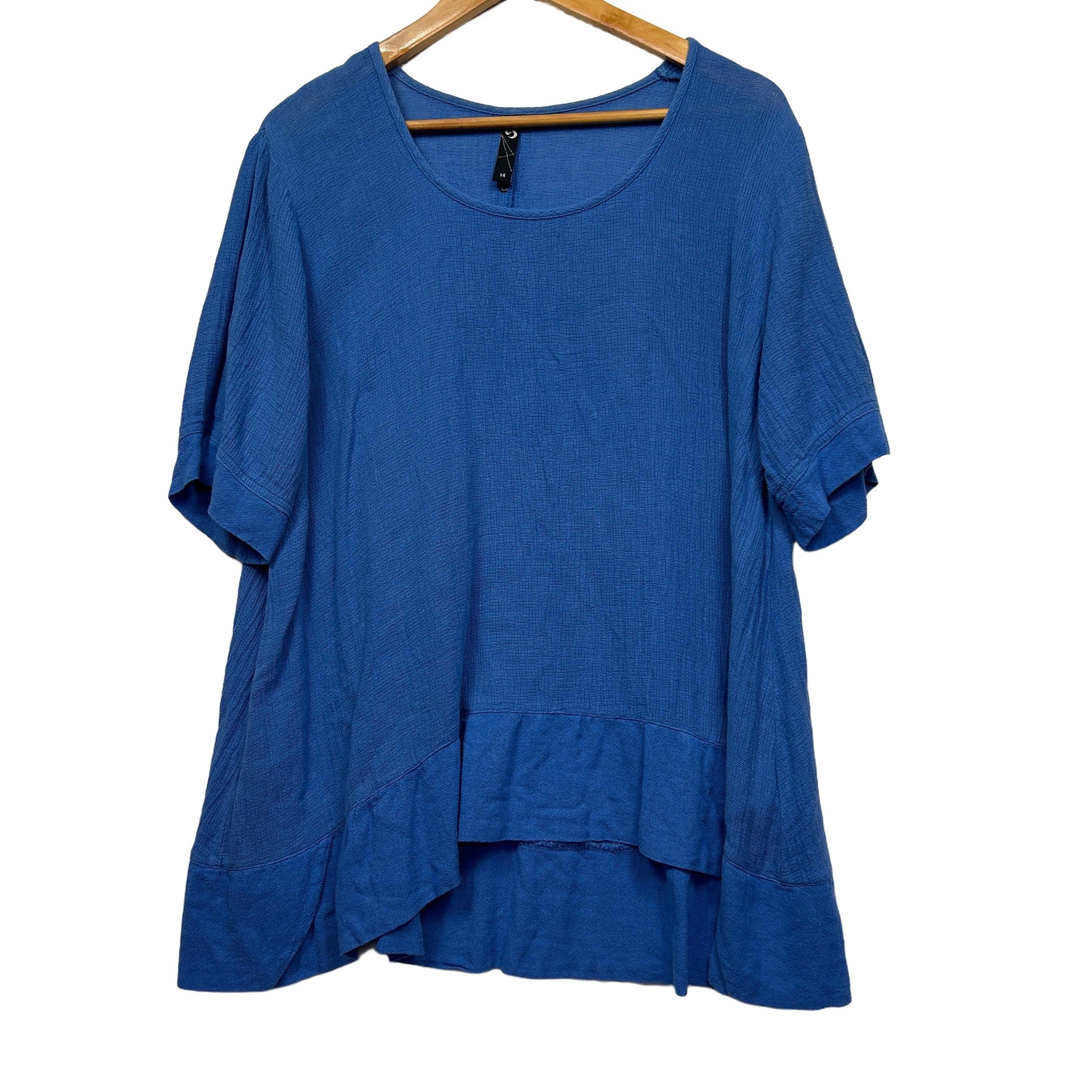 Blue short sleeve tunic top front view