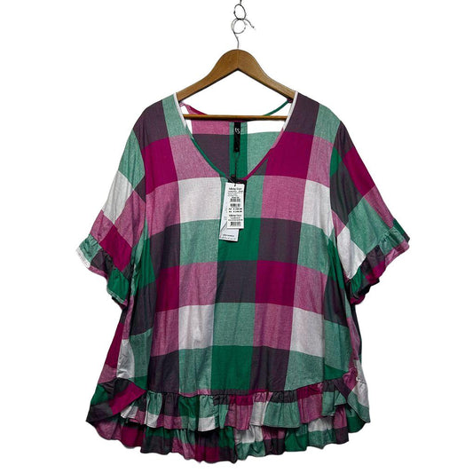 Taking Shape Pink Green Check Plus Size Linen Top - Size 22
