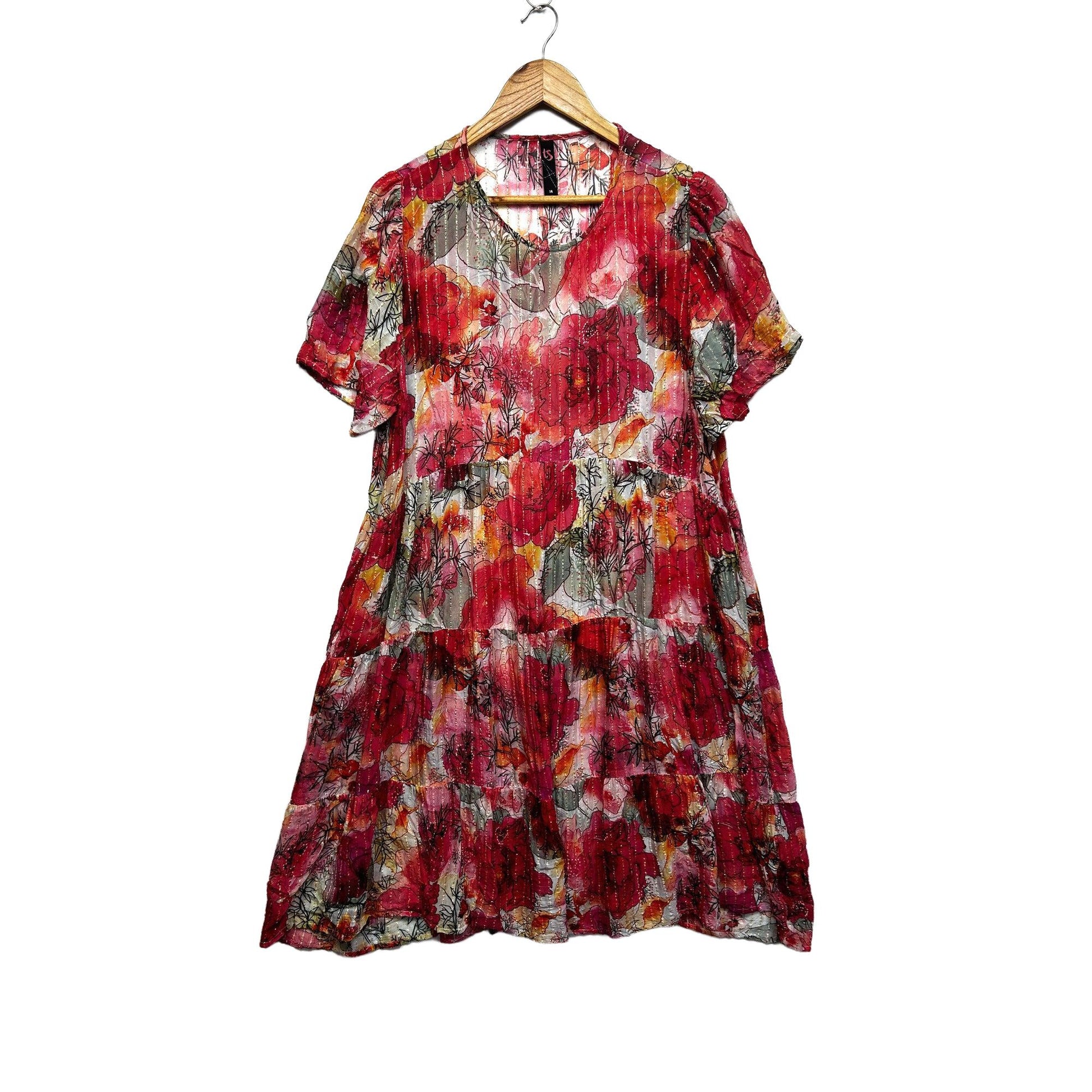 Taking Shape Sheer Floral Red Top Layer Dress - Size 14