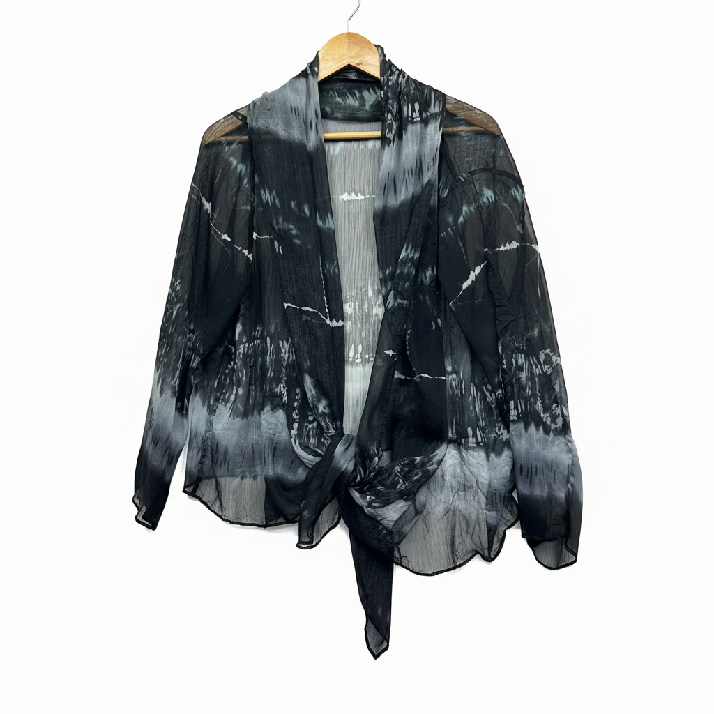 Taking Shape Black and Grey Abstract Print Sheer Top Kimono - Size 18