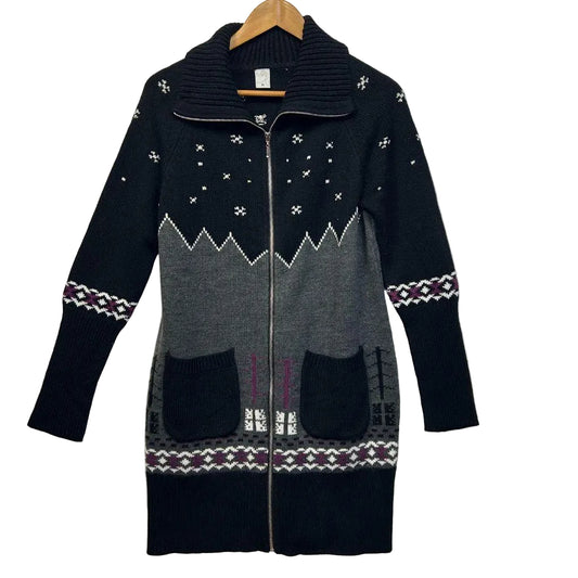 Target Longline Zip Cardigan Black Grey Fair Isle Nordic Knit Jumper - Size 14