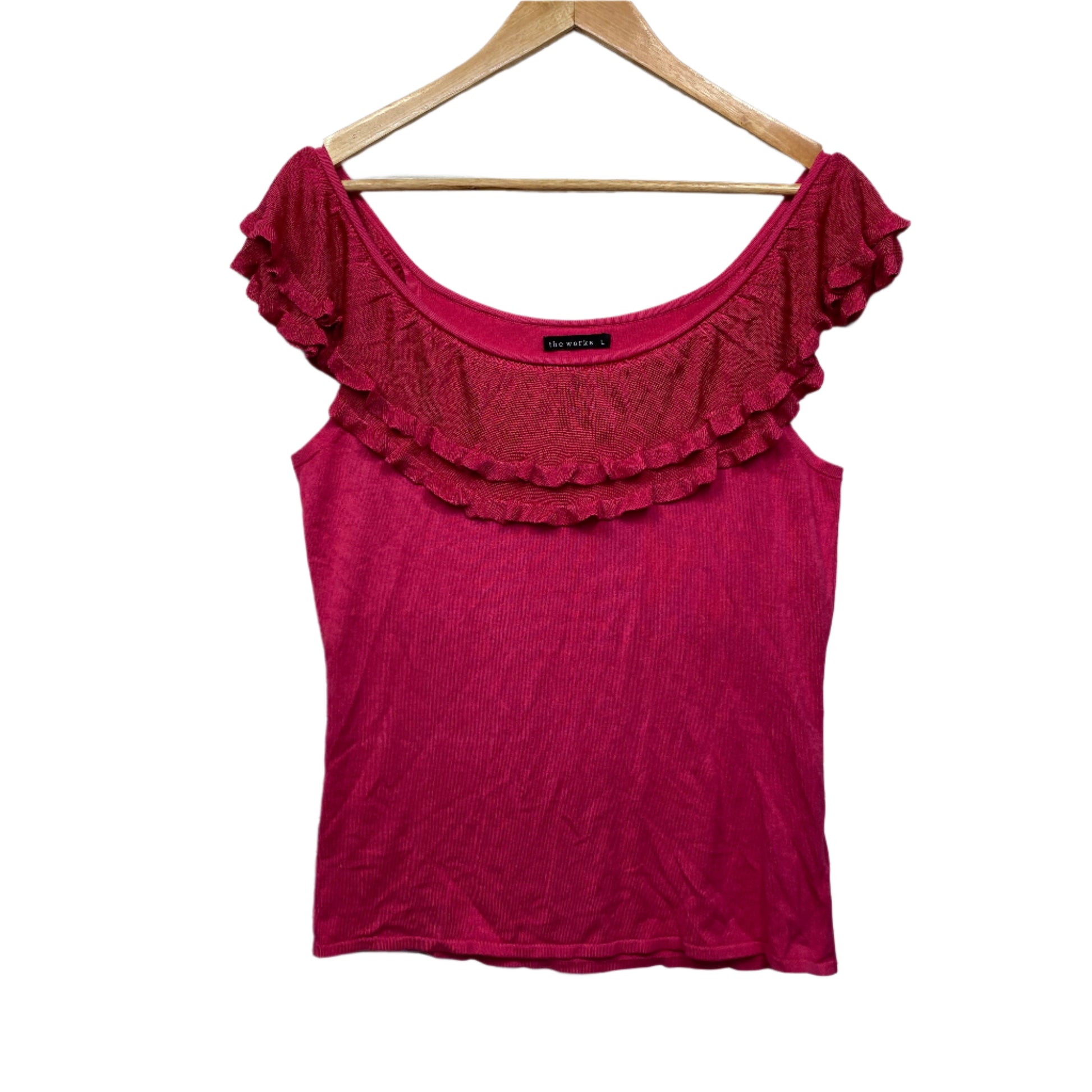 The Works Top Size 14 Large Pink Ruffle Neckline Rayon