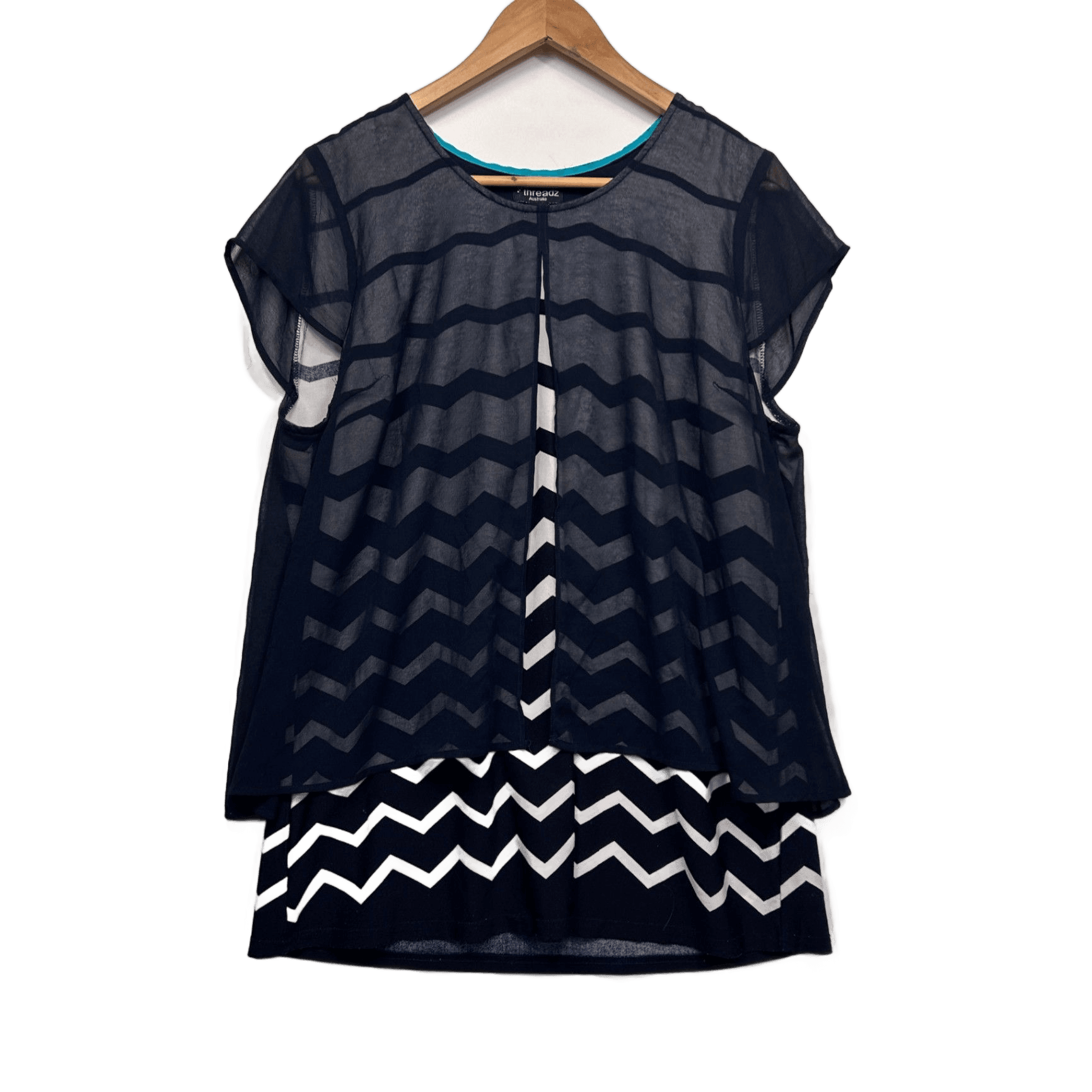 Threadz Navy White Sheer Overlay Short Sleeve Top Striped Size XL
