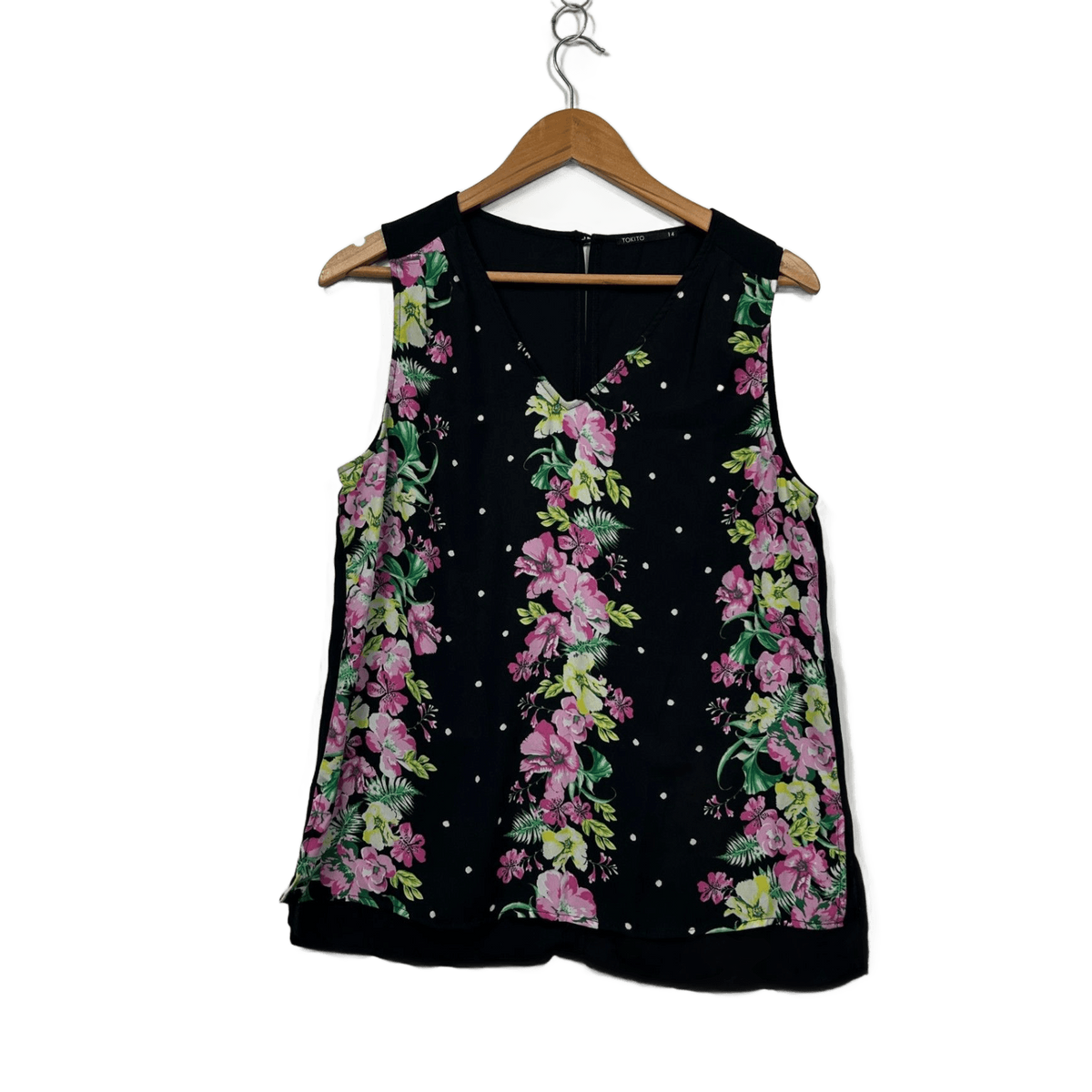 Tokito Black Floral Sleeveless V-Neck Blouse - Size 14
