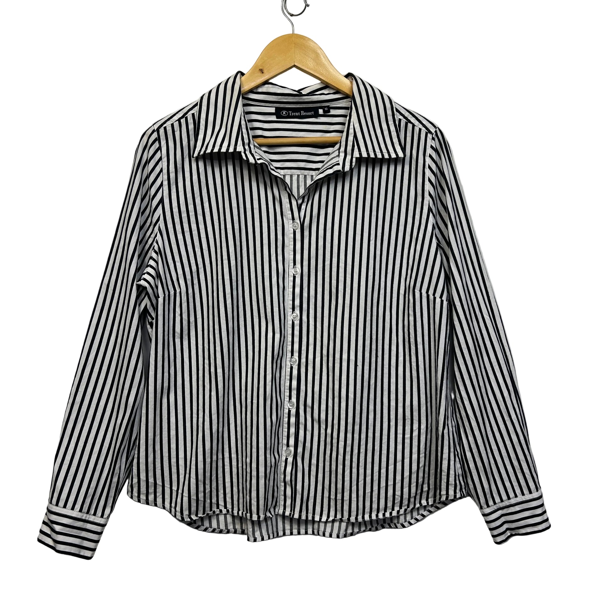 Trent Resort Black & White Striped Cotton Shirt - Size 16