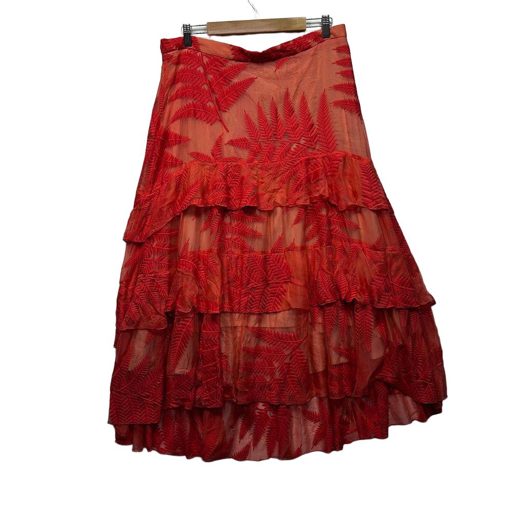 Veronika Maine Edit Silk Embroidered Tiered Ruffle Peach Midi Skirt - Size 16 RRP $449