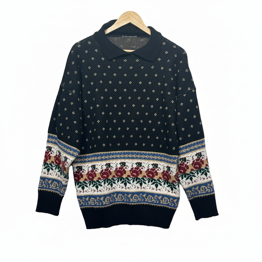 Vintage Navy Floral Knit Jumper Sweater - Size 12/14