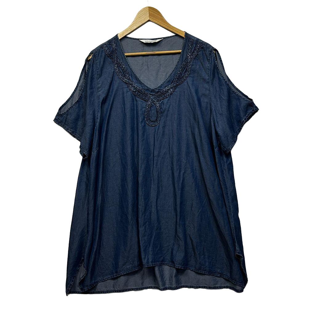 Virtuelle Blue Plus Size Chambray Cold Shoulder Top - Size 20