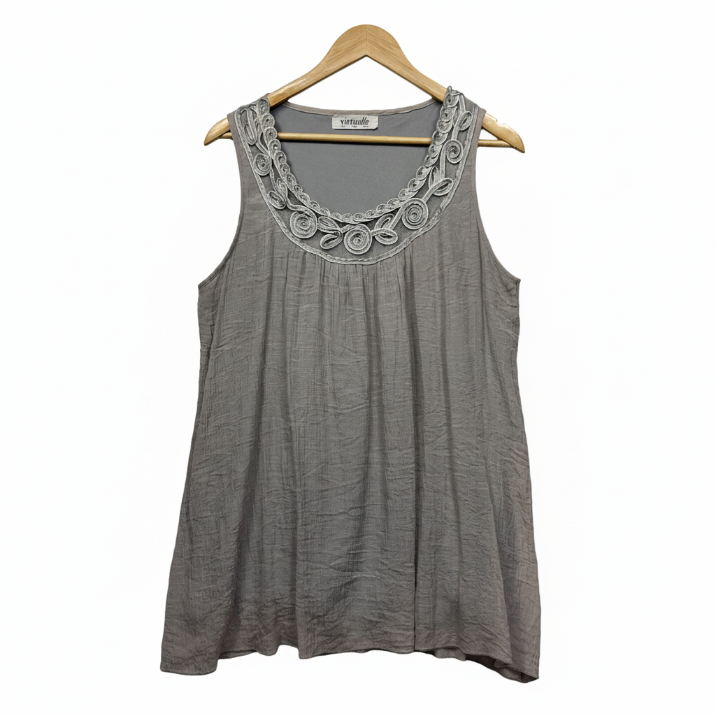 Virtuelle Grey Sleeveless Embroidered Top - Size 12
