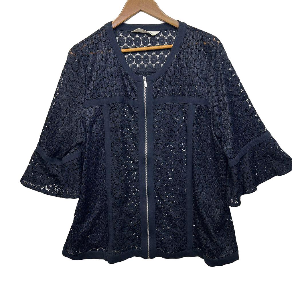 Virtuelle Navy Embroidered Sheer Lace Zip Jacket - Size 16/S