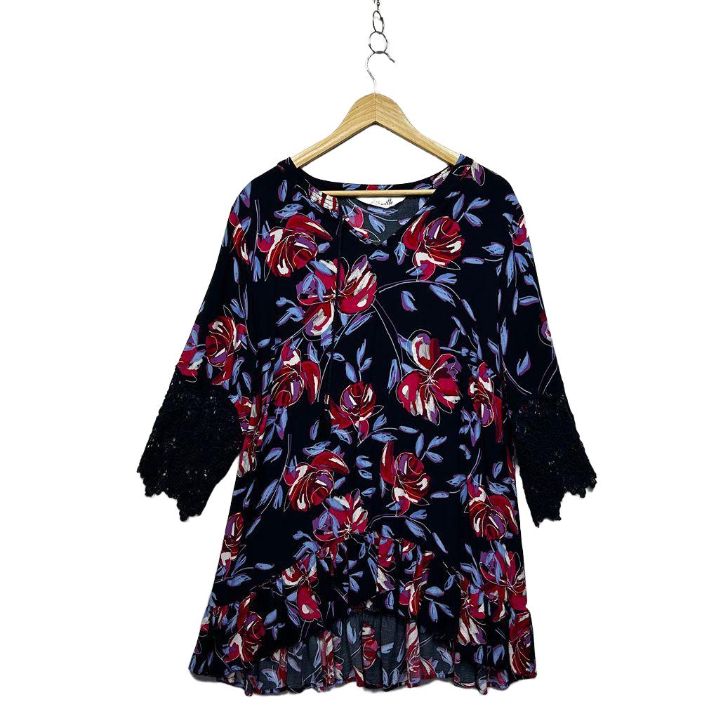 Virtuelle Navy Floral Lace Trim Plus Size Tunic Top - Size 16