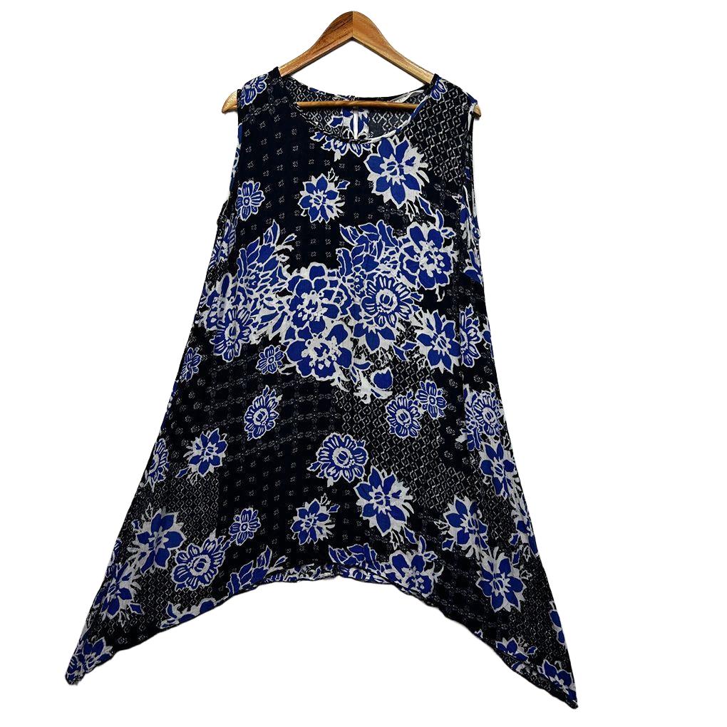 Virtuelle Navy Floral Sleeveless Longline Top - Size 14