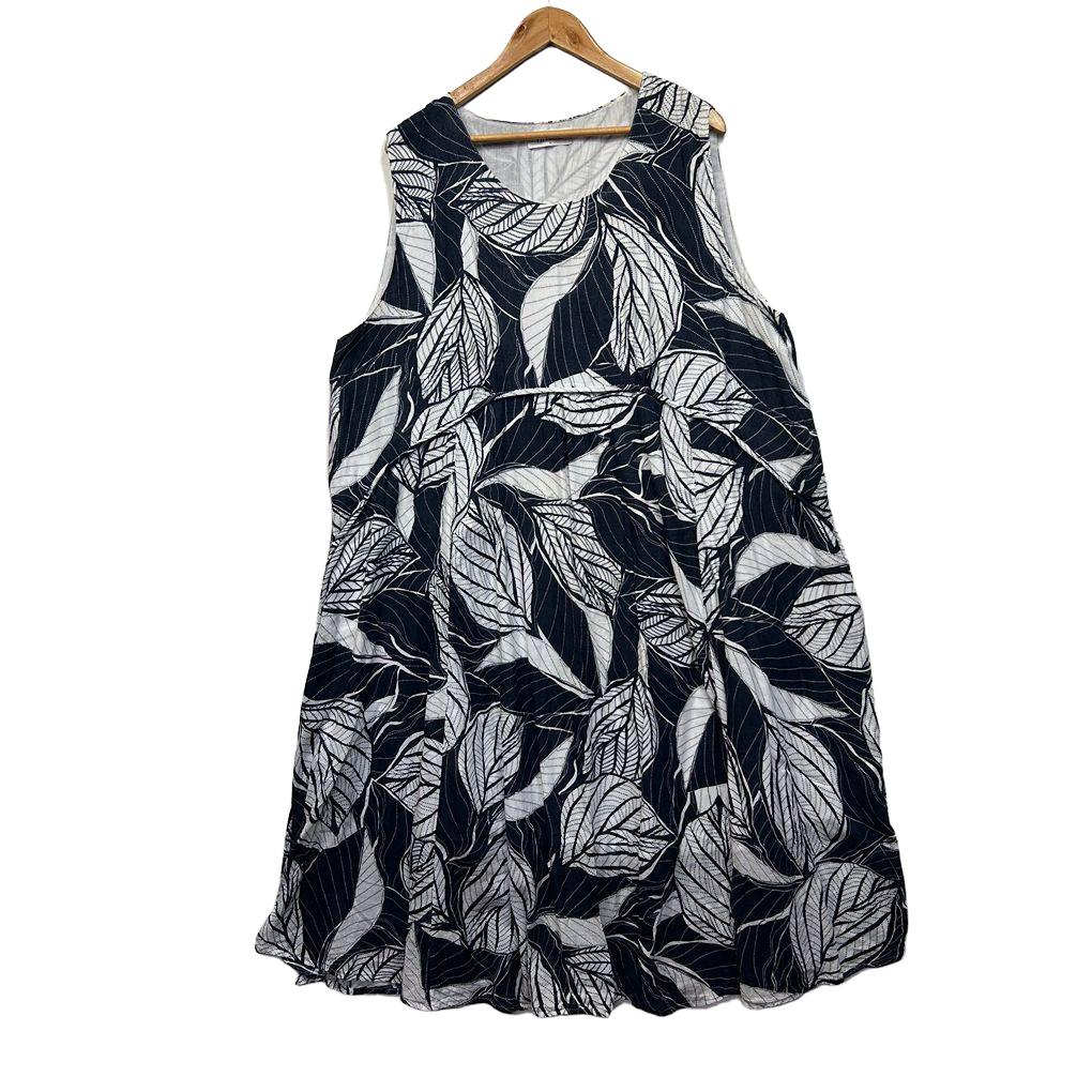 Virtuelle Navy Leaf Print Cotton Dress - Size 22