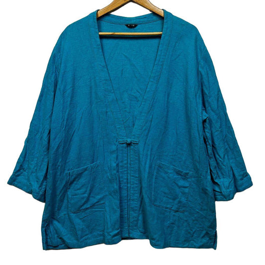 Vivid Blue Linen V Neck Open Front Top - Size 3X