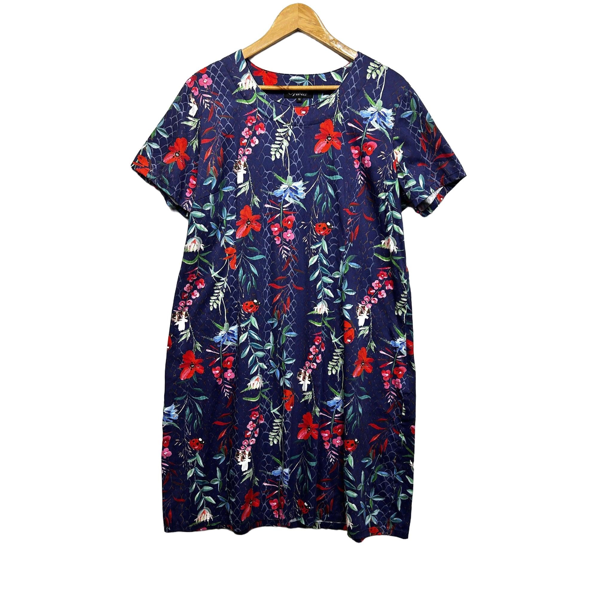 Vivid Navy Floral Cotton Dress - Size 18