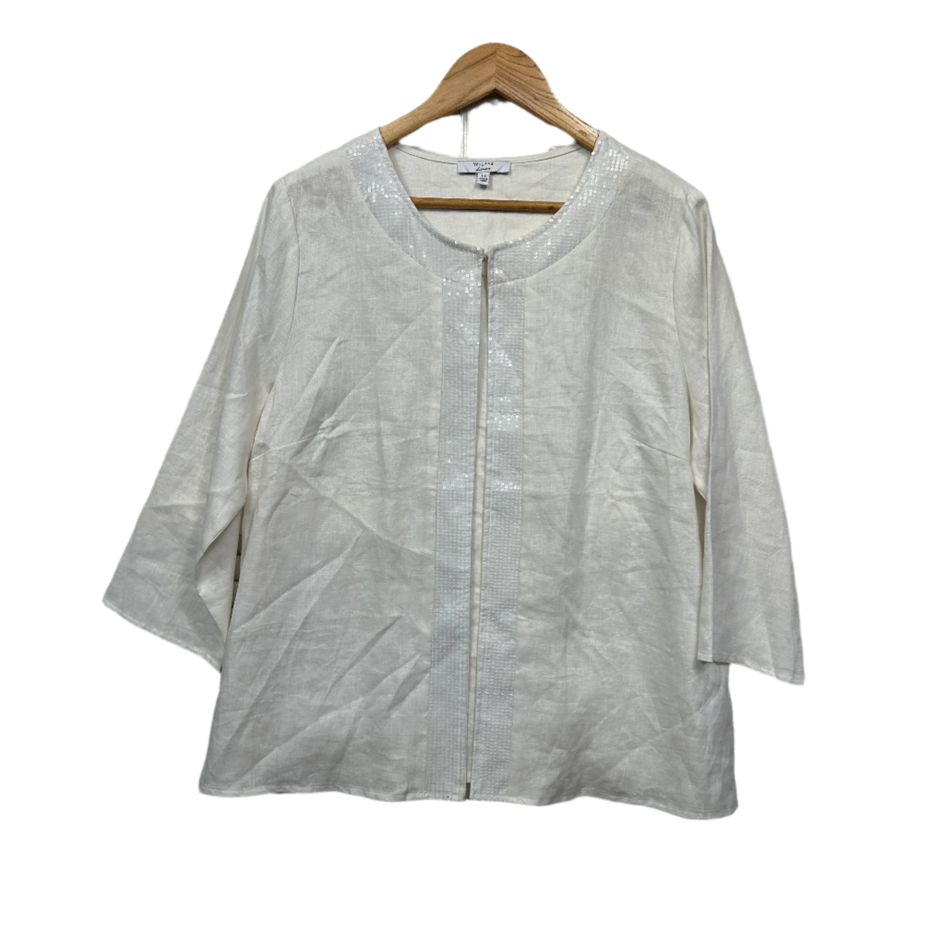 W Lane Linen Top Size 14 White Sequins Long Sleeve