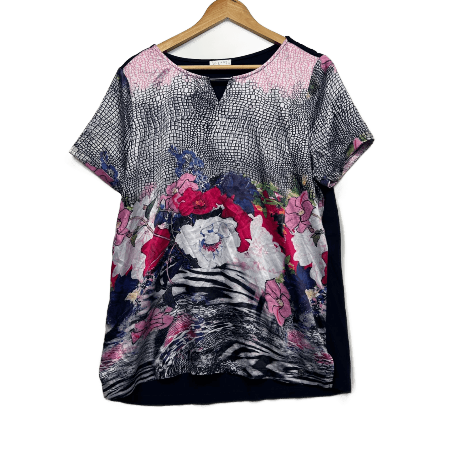 W Lane Short Sleeve Top Size 14 Floral Navy Multicoloured