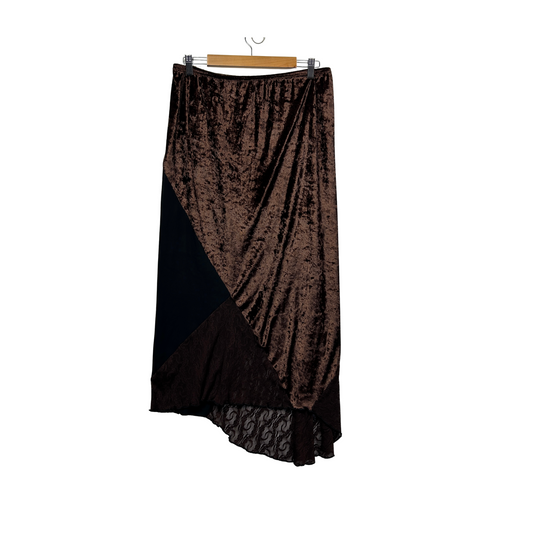 Vintage Velvet Asymmetrical Midi Skirt Brown Chocolate Gothic Boho Witchy Size 14