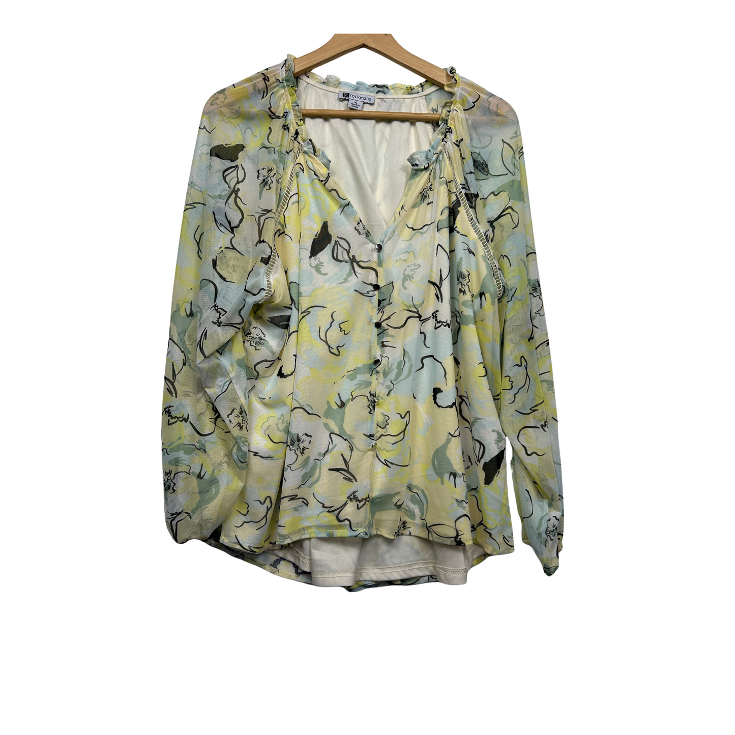 Rockmans Top Size XL 16 Floral Sheer Long Sleeve Lined Multicoloured