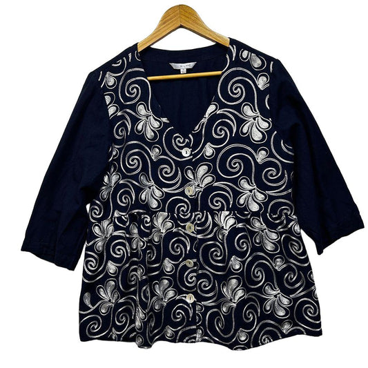 W.Lane Navy Embroidered Linen Top - Size 14