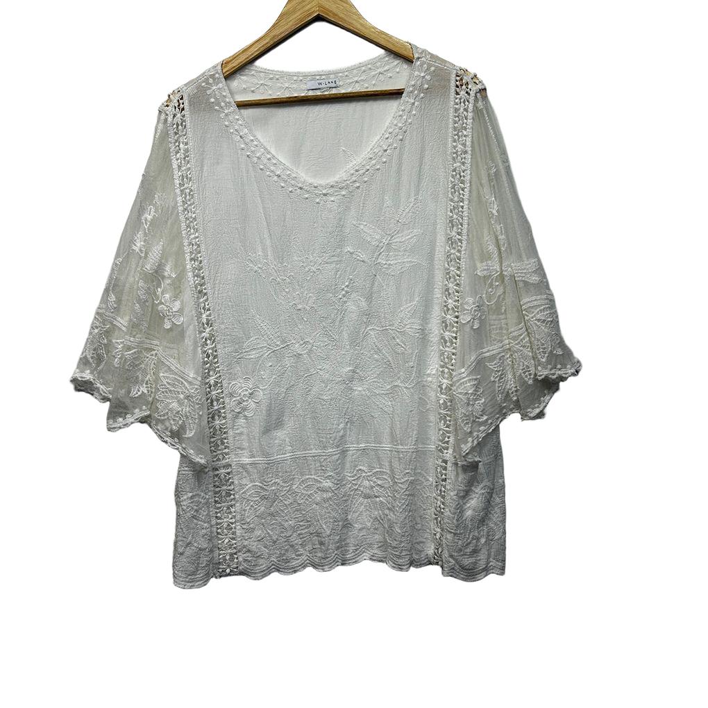 W.Lane White Lace Overlay Embroidered Boho Cotton Top - Size 14