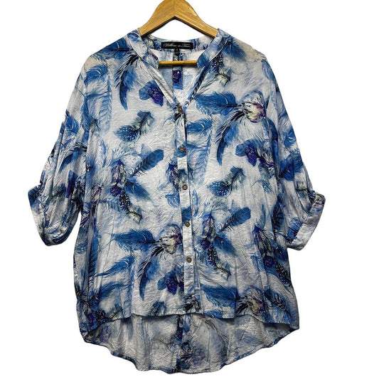 Willow & Tree Blue Feather Print Linen Top - Size 16