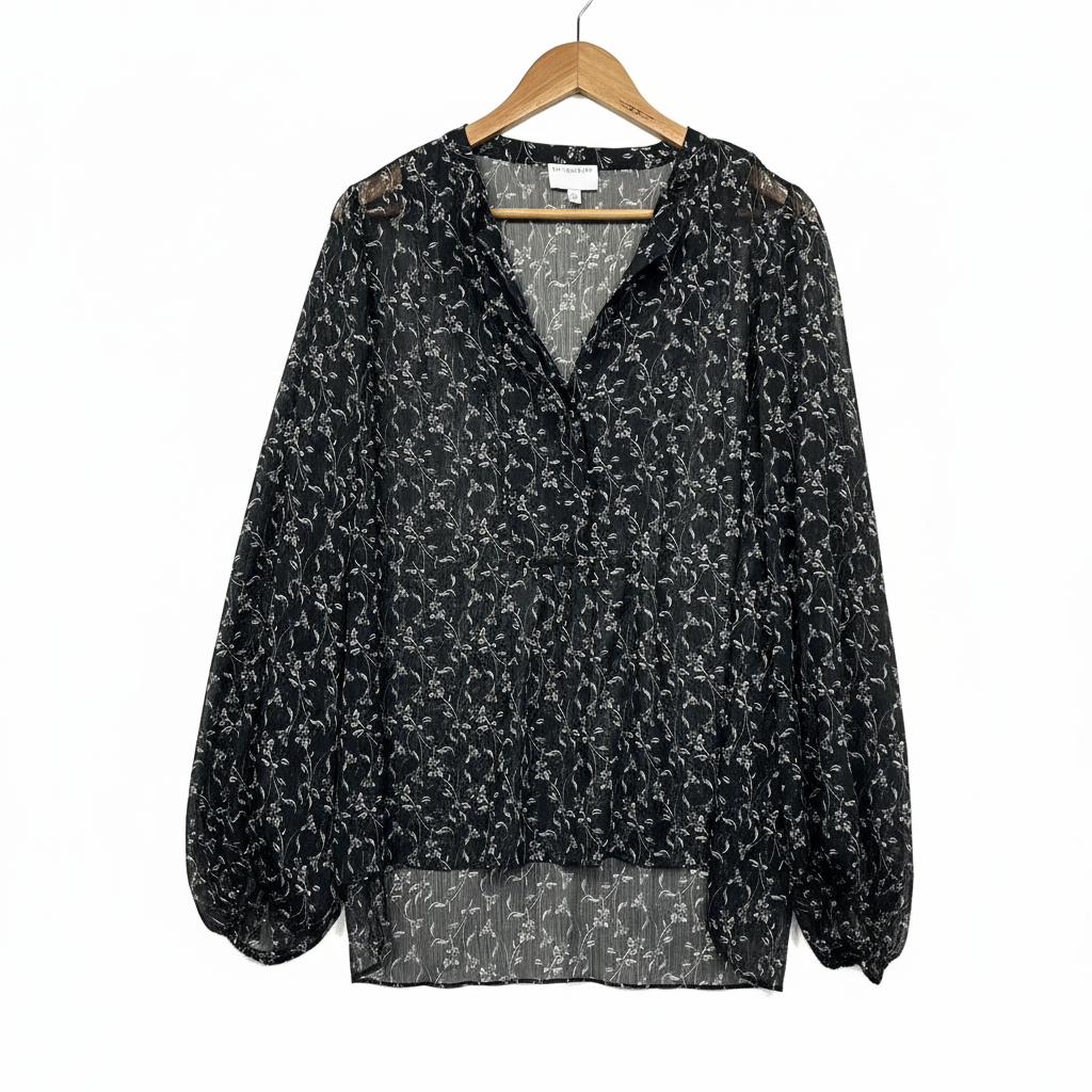 Witchery Black Silver Floral Sheer Blouse - Size 12