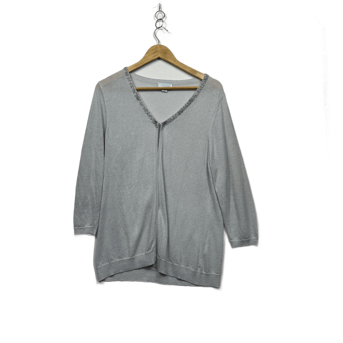 Wombat Silver Metallic Beaded Long Sleeve V-Neck Open Front Top Size 2XL 16 18