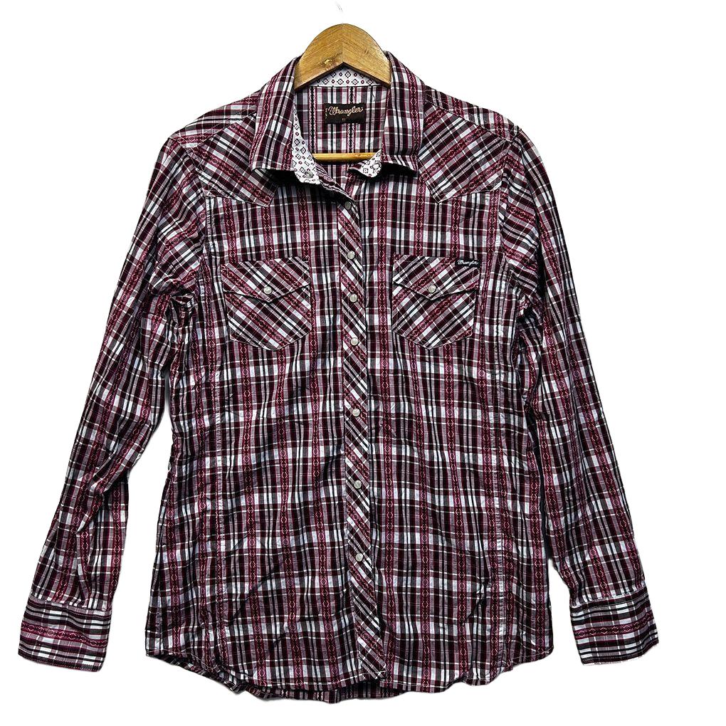 Wrangler Burgundy Plaid Pearl Snap Cotton Shirt - Size 16