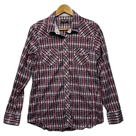 Wrangler Burgundy Plaid Pearl Snap Cotton Shirt - Size 16