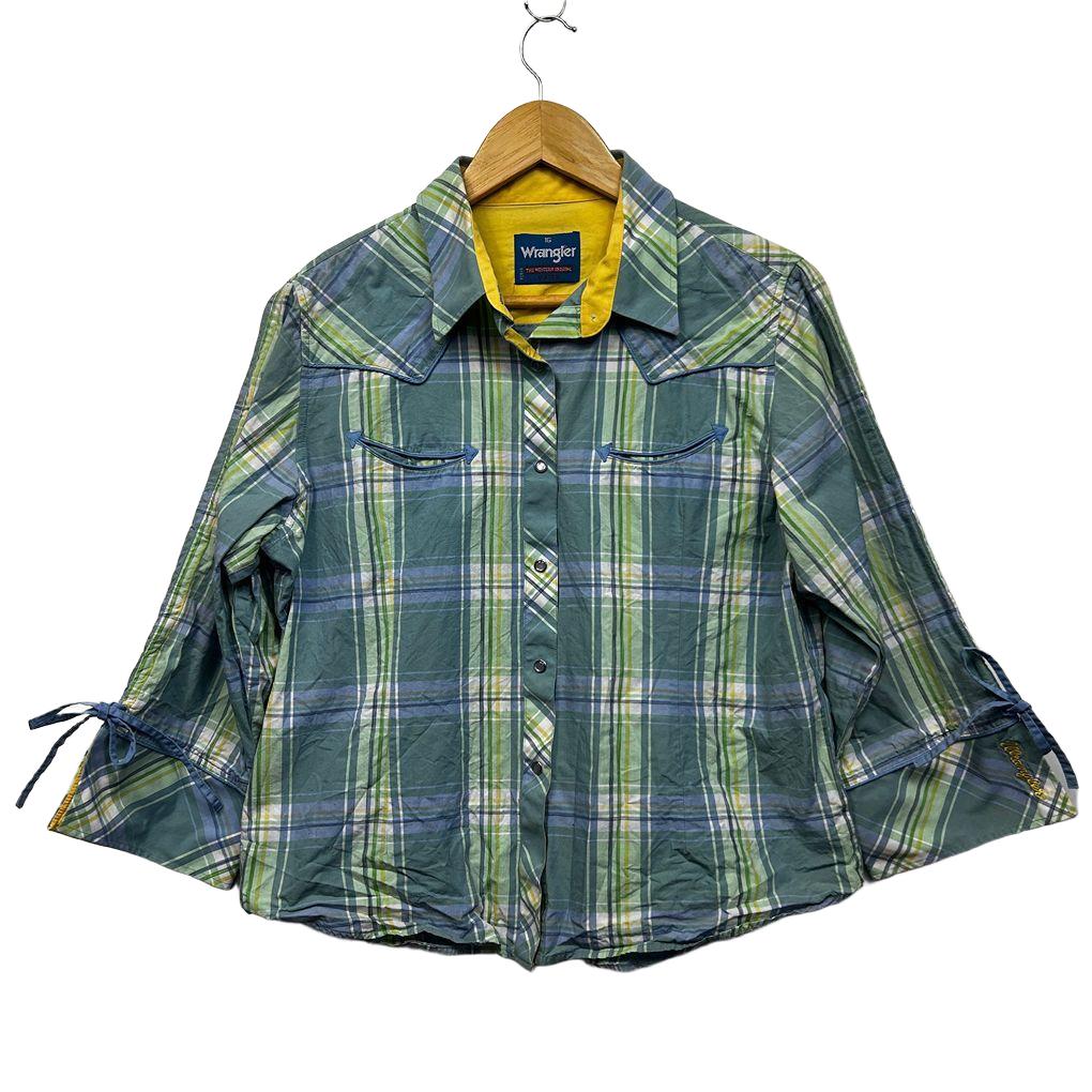 Wrangler Green Check Pearl Snap Western Cotton Shirt - Size 16