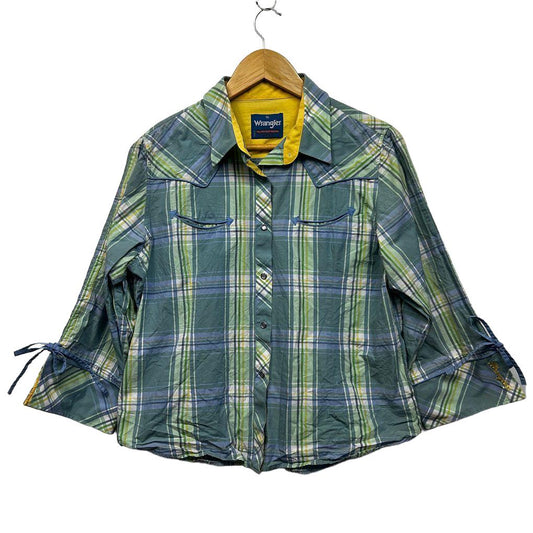 Wrangler Green Check Pearl Snap Western Cotton Shirt - Size 16