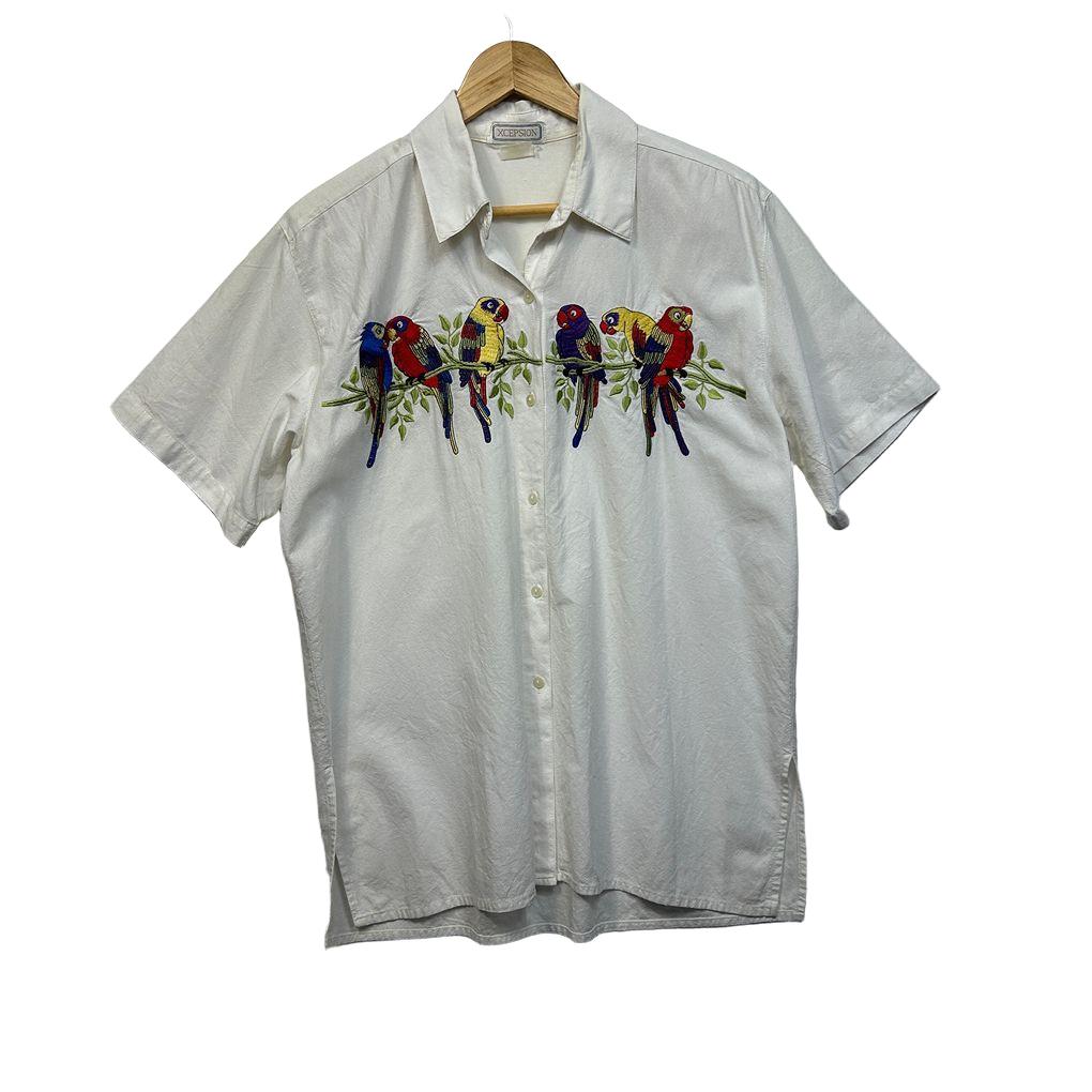 Vintage White Embroidered Parrot Bird Shirt - Size 16?