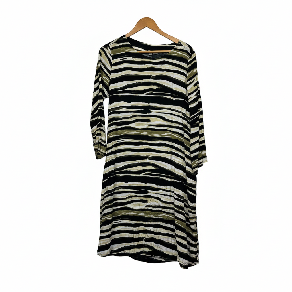Yarra Trail Black Cream Olive Green Stripe Print Dress - Size 16
